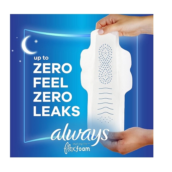 Always Infinity FlexFoam Pads for Women Size 4 Overnight Absorbency, Up to 12 Hours Zero Leaks, Zero Feel Protection, with Wings Unscented, 38 Count - Image 3