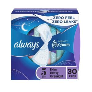 Always Infinity FlexFoam Pads for Women Size 5 Extra Heavy Overnight Absorbency, Up to 12 Hours Zero Leaks, Zero Feel Protection, with Wings Unscented, 30 Count