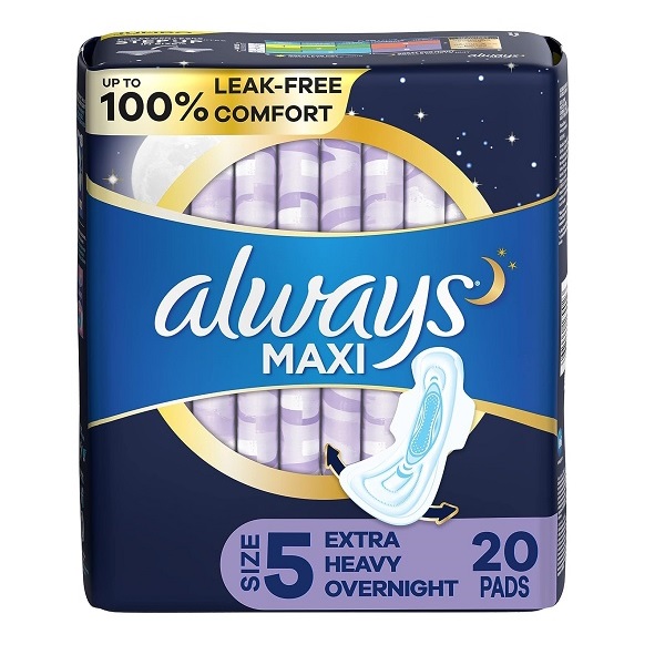 Always Maxi Overnight Extra Heavy Flow with Wings, Unscented Pads 20 Count
