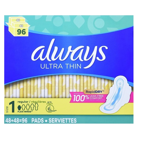 Always Ultra Thin Regular Pads With Wings, Unscented, 96 Count
