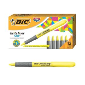 BIC Brite Liner Grip Highlighter, Chisel Tip, Yellow, 12 Highlighters