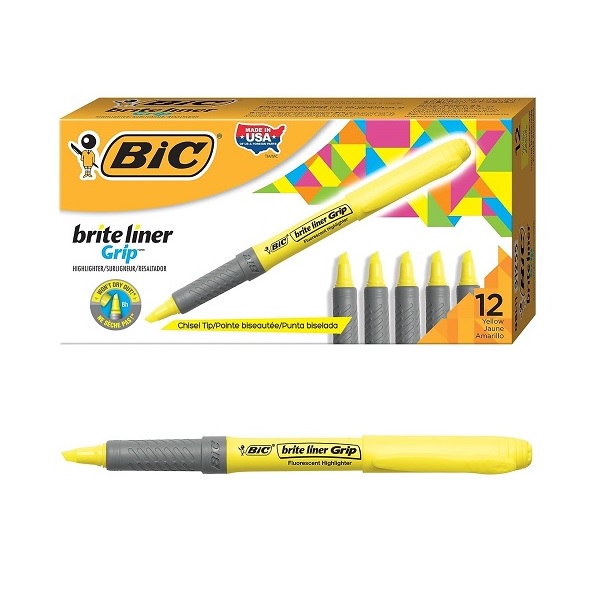 BIC Brite Liner Grip Highlighter, Chisel Tip, Yellow, 12 Highlighters
