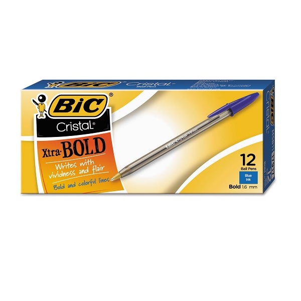 BIC MSB11BE Cristal Xtra Bold Ballpoint Stick Pen, Blue Ink, 1.6mm, Bold, Dozen