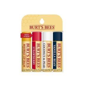 Burt’s Bees Natural Moisturizing Lip Balm 4 pack with Beeswax, Strawberry, Coconut & Pear, and Vanilla Bean
