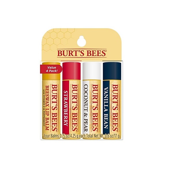 Burt’s Bees Natural Moisturizing Lip Balm 4 pack with Beeswax, Strawberry, Coconut & Pear, and Vanilla Bean