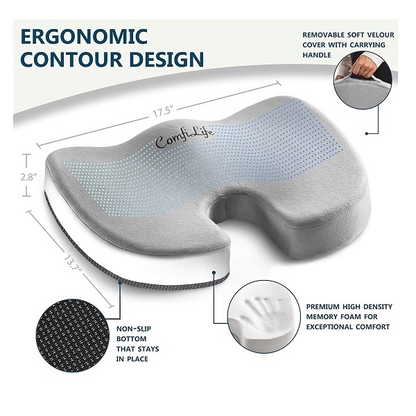 ComfiLife Coccyx Orthopedic Memory Foam Office Chair and Car Seat Cushion for Back Pain and Sciatica Relief (Gray) by ComfiLife - Image 2