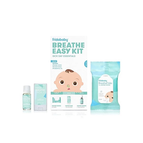 FridaBaby Baby and Toddler Breathe Easy Kit Sick Day Essentials by Fridababy- A Must-Have Set Includes Natural Nose and Chest Wipes, Organic No-Mess Chest Balm, and Organic Essential Oil for Bath or D