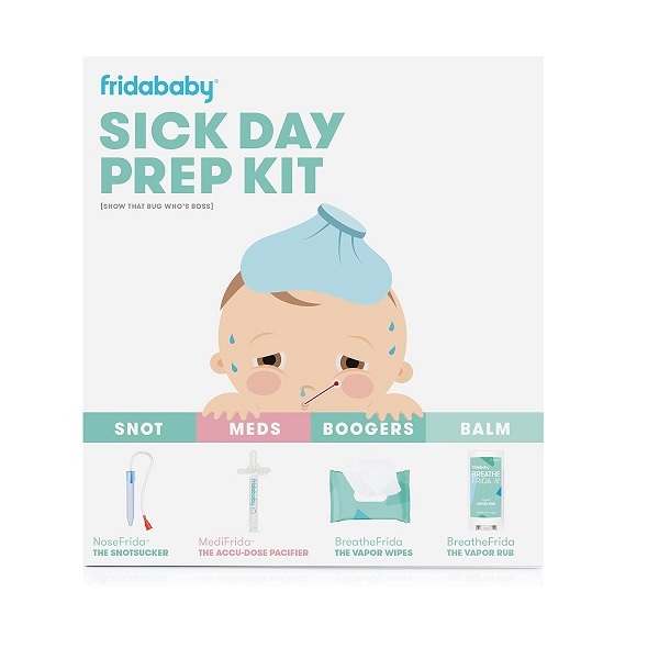 "FridaBaby Baby’s Sick Day Prep Kit with NoseFrida aspirator, MediFrida medicine dispenser, vapor chest rub, and snot wipes"