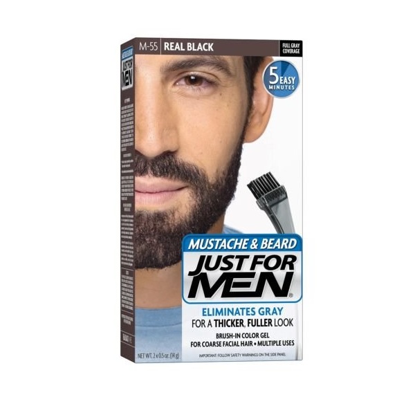 Just For Men Mustache and Beard Color Gel M-55 Real Black men's beard dye for gray coverage with brush applicator
