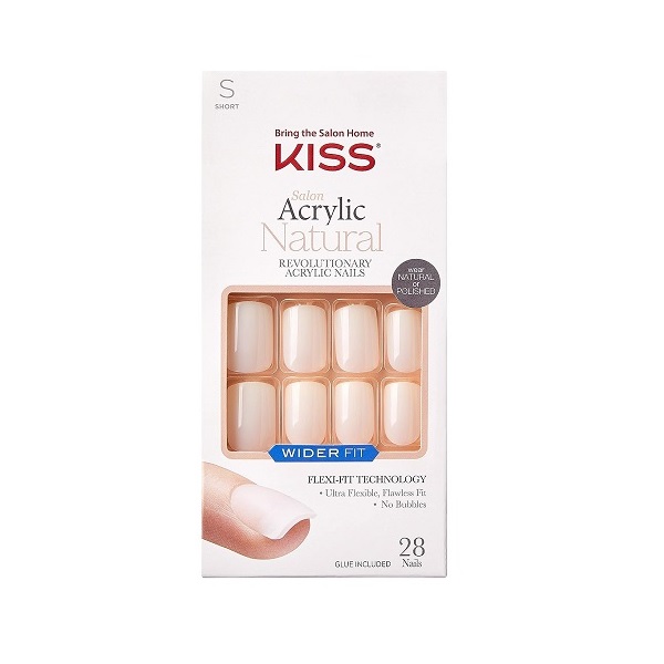 KISS Salon Acrylic Wider Fit Natural Fake Nails, ‘Rare’, 28 Acrylic-Infused, Bubble-Free, Flexible, Durable, False Glue-On Nails