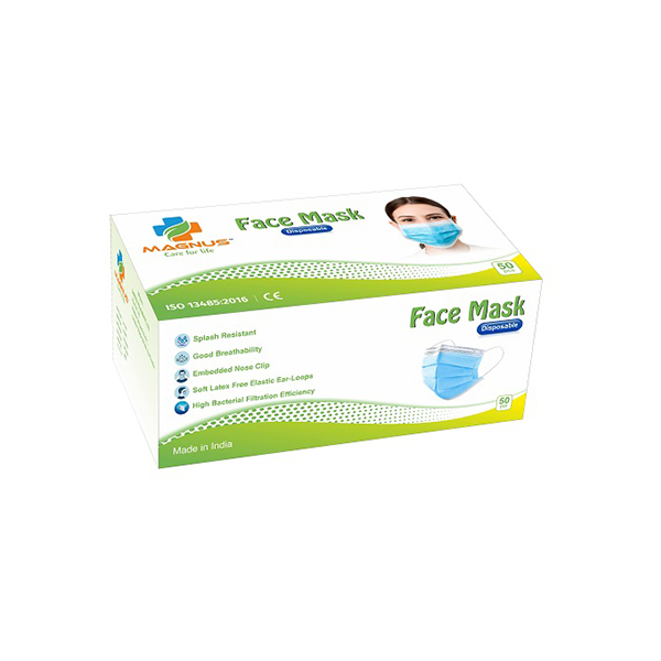 MAGNUS M-342 3 PLY DISPOSABLE MASK (PACK OF 50 PCS) with NOSE PIN, MELTBLOWN FIBRE FILTER LAYER