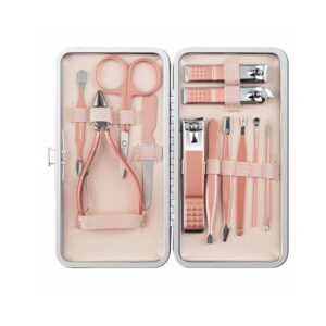 12pcs Manicure Pedicure Kit with Stainless Steel Tools and Pink Leather Travel Case