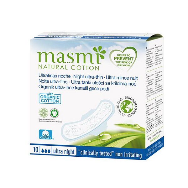 Masmi 100% Pure Cotton Soft Sanitary Pads-Night Wings Indvidually Wrapped 10s