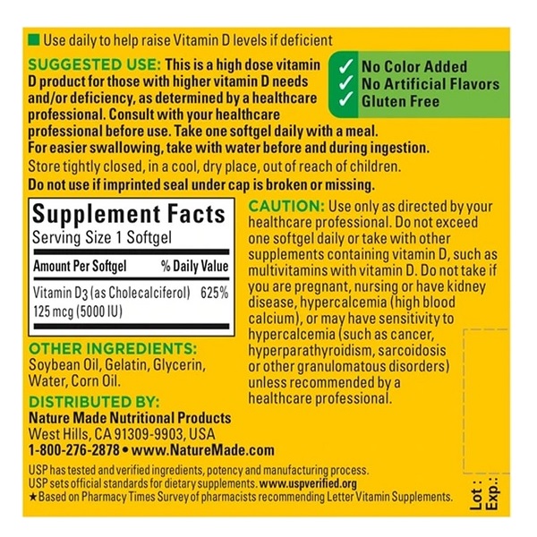 Nature Made Vitamin D-3 5000IU 220 Count Softgels - Image 4