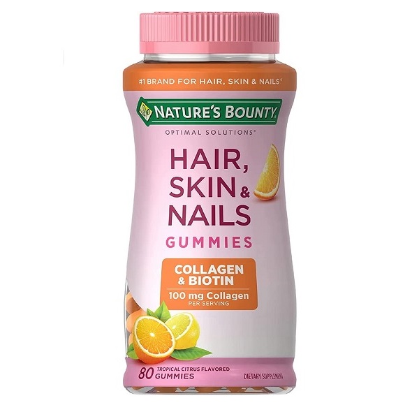 Nature's Bounty Hair, Skin & Nails with Biotin and Collagen, Citrus-Flavored Gummies Vitamin Supplement, Supports Hair, Skin, and Nail Health for Women, 2500 mcg, 80 Count
