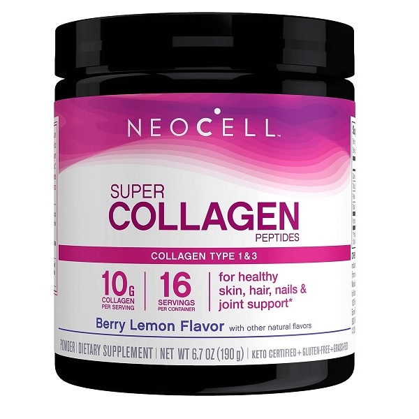 NeoCell Super Collagen Powder, 6,600mg Types 1 & 3 Grass-Fed Collagen, Gluten Free, Berry Lemon Flavor, 6.7 Ounces