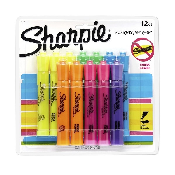 SharpieTank Style Highlighters, Chisel Tip, Assorted, 12 Count