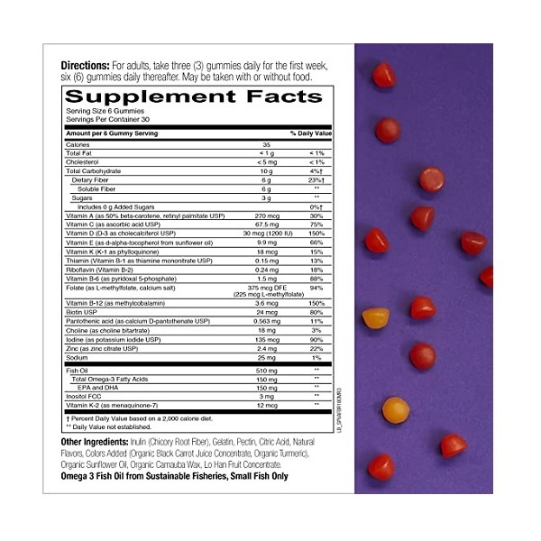 SmartyPants Gummy Vitamins: Adult Complete + Fiber with No Added Sugar: Multivitamin + Omega 3s + Vitamin D3 - SINGLE BOTTLE, 30 Day Supply,AF180 - Image 3