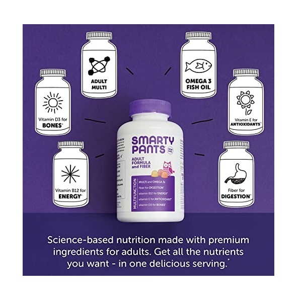 SmartyPants Gummy Vitamins: Adult Complete + Fiber with No Added Sugar: Multivitamin + Omega 3s + Vitamin D3 - SINGLE BOTTLE, 30 Day Supply,AF180 - Image 4
