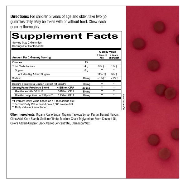 SmartyPants Gummy Vitamins Kid's Non-GMO, Gluten-free, Patent-Pending Probiotic and Pre-biotic Immunity Gummies - Image 2