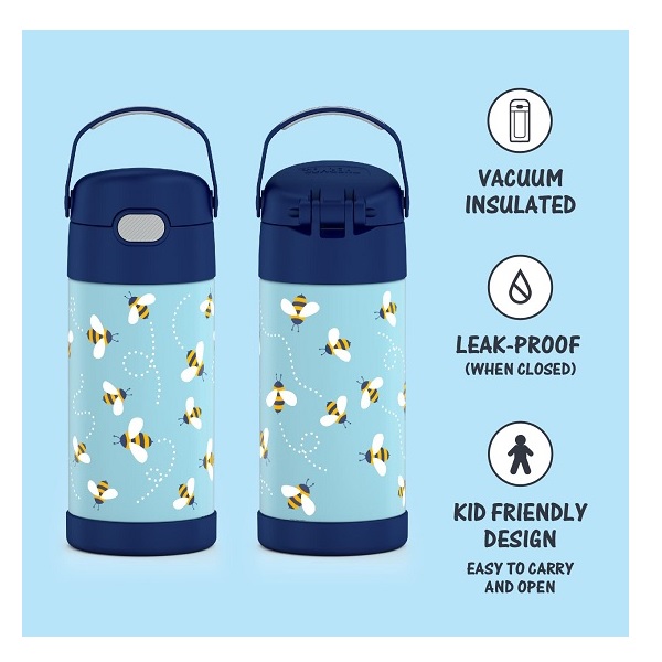 Thermos Funtainer 12 Ounce Stainless Steel Vacuum Insulated Kids Straw Bottle, Honey Bees - Image 2