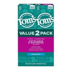 Tom's of Maine Antiplaque and Whitening Fluoride-Free Toothpaste, Peppermint, 5.5 Ounce, Pack of 2