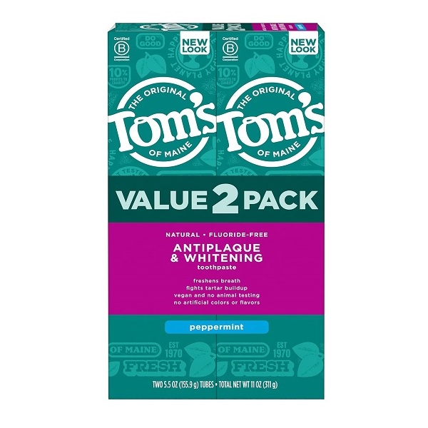 Tom's of Maine Antiplaque and Whitening Fluoride-Free Toothpaste, Peppermint, 5.5 Ounce, Pack of 2