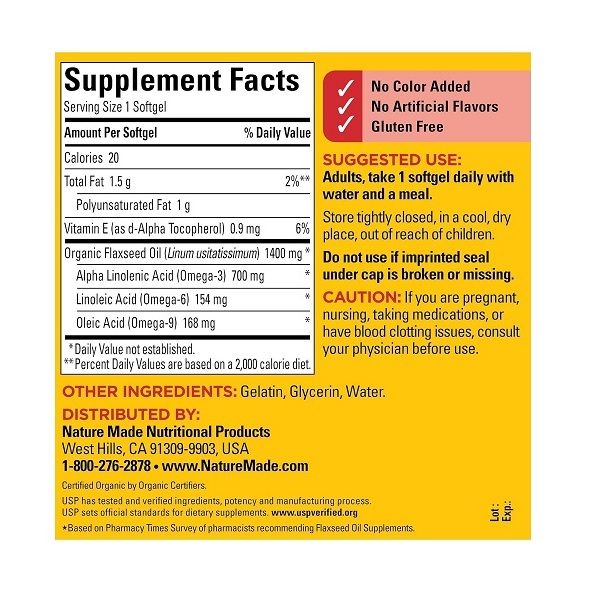Nature Made Organic Flaxseed Oil 1400 Mg Omega 3 - 6 - 9 100 Liquid Softgels - Image 4