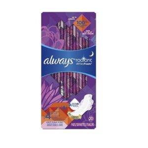 Always Radiant, Size 4, Overnight Sanitary Pads With Wings, Scented, 20 Count