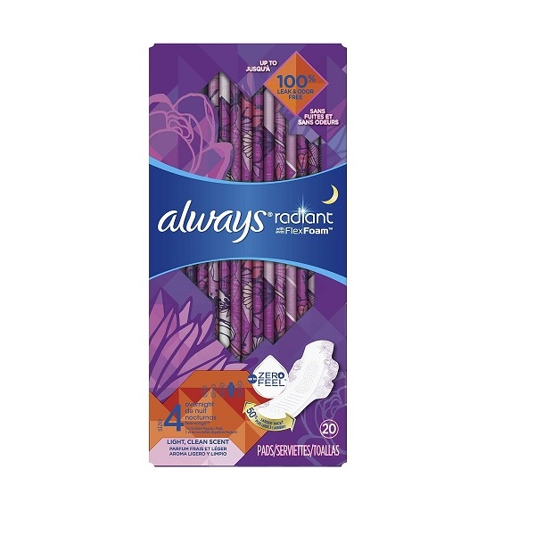 Always Radiant, Size 4, Overnight Sanitary Pads With Wings, Scented, 20 Count