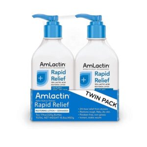 AmLactin Rapid Relief Restoring Lotion + Ceramides | 24-Hr Dryness Relief | Powerful Alpha-Hydroxy Therapy Gently Exfoliates | Lactic Acid (AHA) | Rough Flaky Dry Skin | Twin Pack (2) 7.9 oz. Bottles