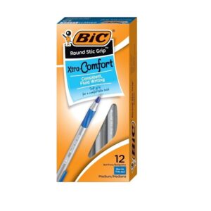 BIC Round Stic Grip Xtra Comfort Ball Pen, Medium Point (1.2 mm), Blue, 12-Count