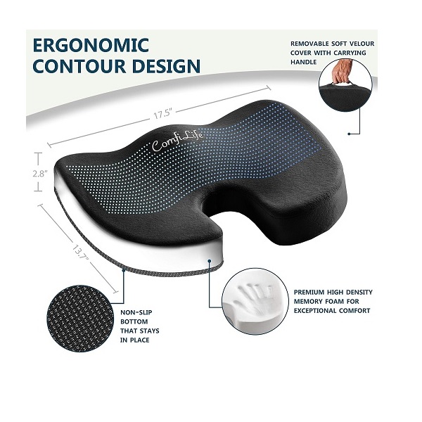 ComfiLife Premium Comfort Seat Cushion - Non-Slip Orthopedic 100% Memory Foam Coccyx Cushion for Tailbone Pain - Cushion for Office Chair Car Seat - Back Pain & Sciatica Relief (Black) - Image 2