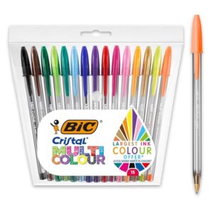 BIC Cristal Multicolour Ballpoint Pens Wide Point (1.6 mm) - Assorted Colours, Pack of 15
