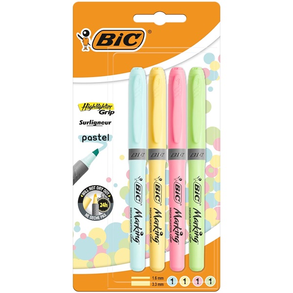Bic Highlighter Grip Pens - Assorted Pastel Colours, Pack of 4