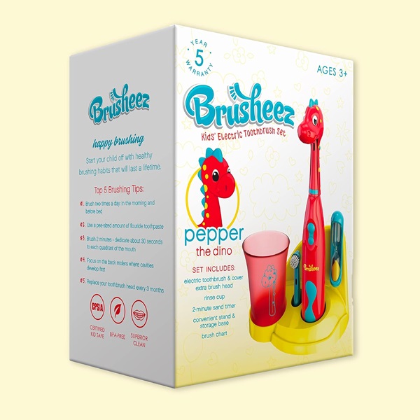 Brusheez® Kids Electric Toothbrush Set (Carnivore Edition) - Battery Operated, Soft Bristles, Easy On/Off, 2 Brush Heads, Animal Cover, Sand Timer, Rinse Cup, and Base - Ages 3+ (Pepper The Dino) - Image 7