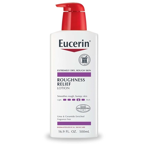 Eucerin Roughness Relief Lotion for extremely dry, rough skin in a white bottle with a red pump, 500ml