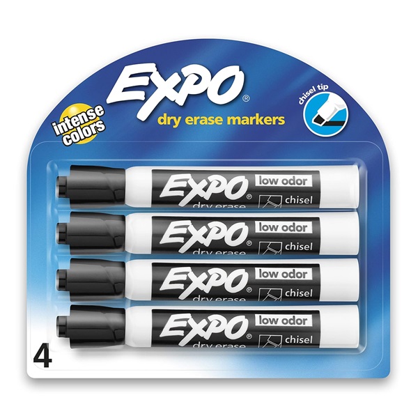 Expo Low Odor Chisel Tip Dry Erase Markers, 4 Black Markers (80661)