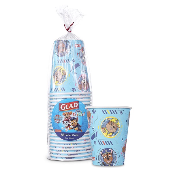Glad for Kids Paw Patrol Paper Cups Disposable Paper Cups with Paw Patrol Design for Kids Heavy Duty Disposable Paper Cups for Everyday Use and All Occasions 9 Ounces, Blue, 20 Count