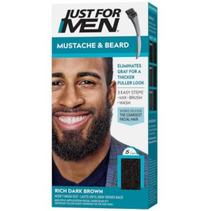 Just For Men Mustache & Beard, Beard Dye for Men with Brush Included for Easy Application, With Biotin Aloe and Coconut Oil for Healthy Facial Hair - Rich Dark Brown, M-47, Pack of 1