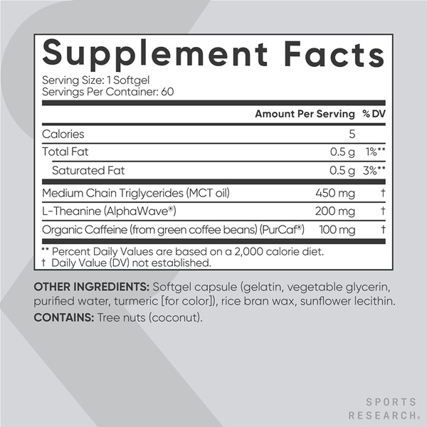 L-Theanine & Caffeine with Coconut MCT Oil ~ Nootropic Supplement for Focused Energy ~ Keto Certified & Non-GMO Verified (60 Softgels) : L-theanine - Image 3