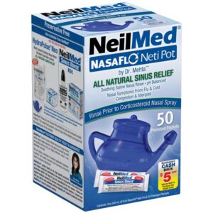 NeilMed NasaFlo Unbreakable Neti Pot with 50 premixed saline packets for nasal irrigation sinus congestion and allergy relief