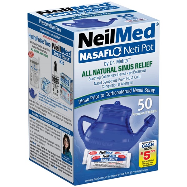 NeilMed NasaFlo Unbreakable Neti Pot with 50 premixed saline packets for nasal irrigation sinus congestion and allergy relief