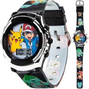 Pokémon Kids' Digital Watch with Silver Bezel, Black Strap, Flashing LED Lights - Official Pokémon Characters on the Dial, Safe for Children - Model: POK3018