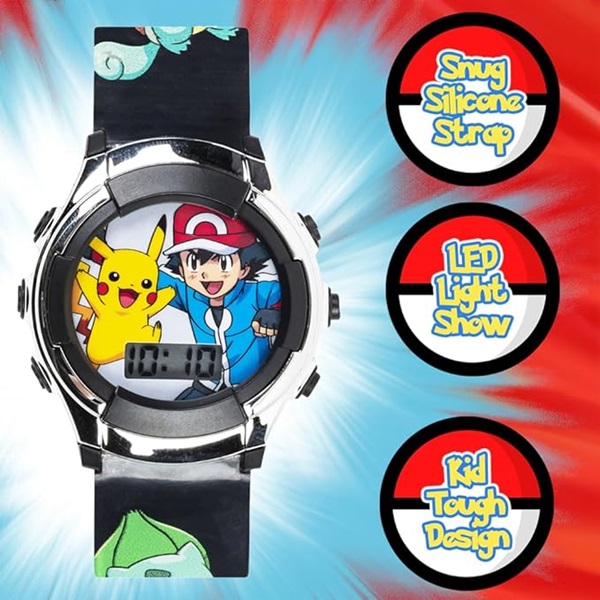 Pokémon Kids' Digital Watch with Silver Bezel, Black Strap, Flashing LED Lights - Official Pokémon Characters on the Dial, Safe for Children - Model: POK3018 - Image 4