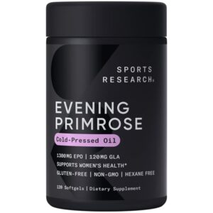 Sports Research Evening Primrose Oil 1300 mg Non - GMO Gluten - free Cold - Pressed with No Fillers or Artificial Ingredients (120 Liquid Softgels)