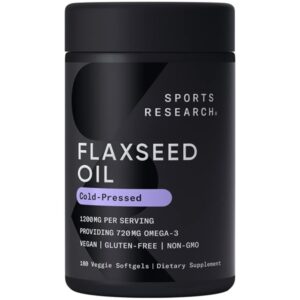 Sports Research Flaxseed Oil with Plant Based Omega's 3, 6 and 9 Vegan Certified and Non-GMO Project Verified (180 Veggie Softgels)