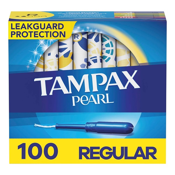 Tampax Pearl Tampons Regular Absorbency, 100 Count, BPA-Free Plastic Applicator and LeakGuard Braid, Unscented, 50 Count, Pack of 2 (100 Count Total)