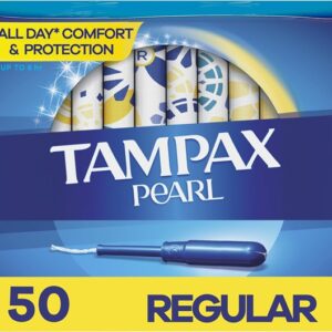 Tampax Pearl Plastic Tampons, Regular Absorbency, Unscented, 50 Count