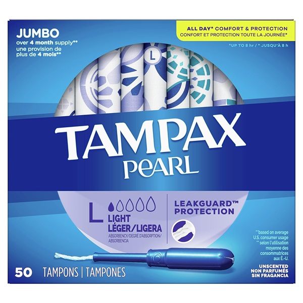Tampax Pearl Tampons, Unscented, Lite Absorbency, 50 Ct